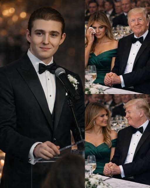🚨🚨🚨On the evening marking Melania and Donald Trump’s 21st wedding anniversary, the dinner unfolded with quiet elegance—until Barron Trump stood and spoke, shifting the room into complete stillness.

Barron hesitated, then made a small, unguarded gesture meant only for his