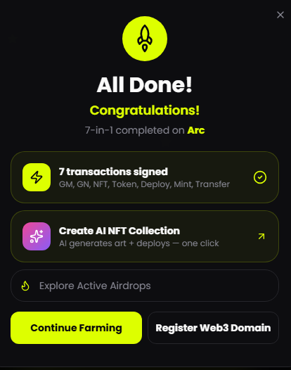 7-in-1 tasks completed on #Arc

Execute 7 on-chain actions across #Arc network in one click

It took 2-3mnn to complete all actions

All network fees are paid using $USDC Faucet on @Arc

Join me for FREE
zns.bio/?ref=YzkwM2Q0N2