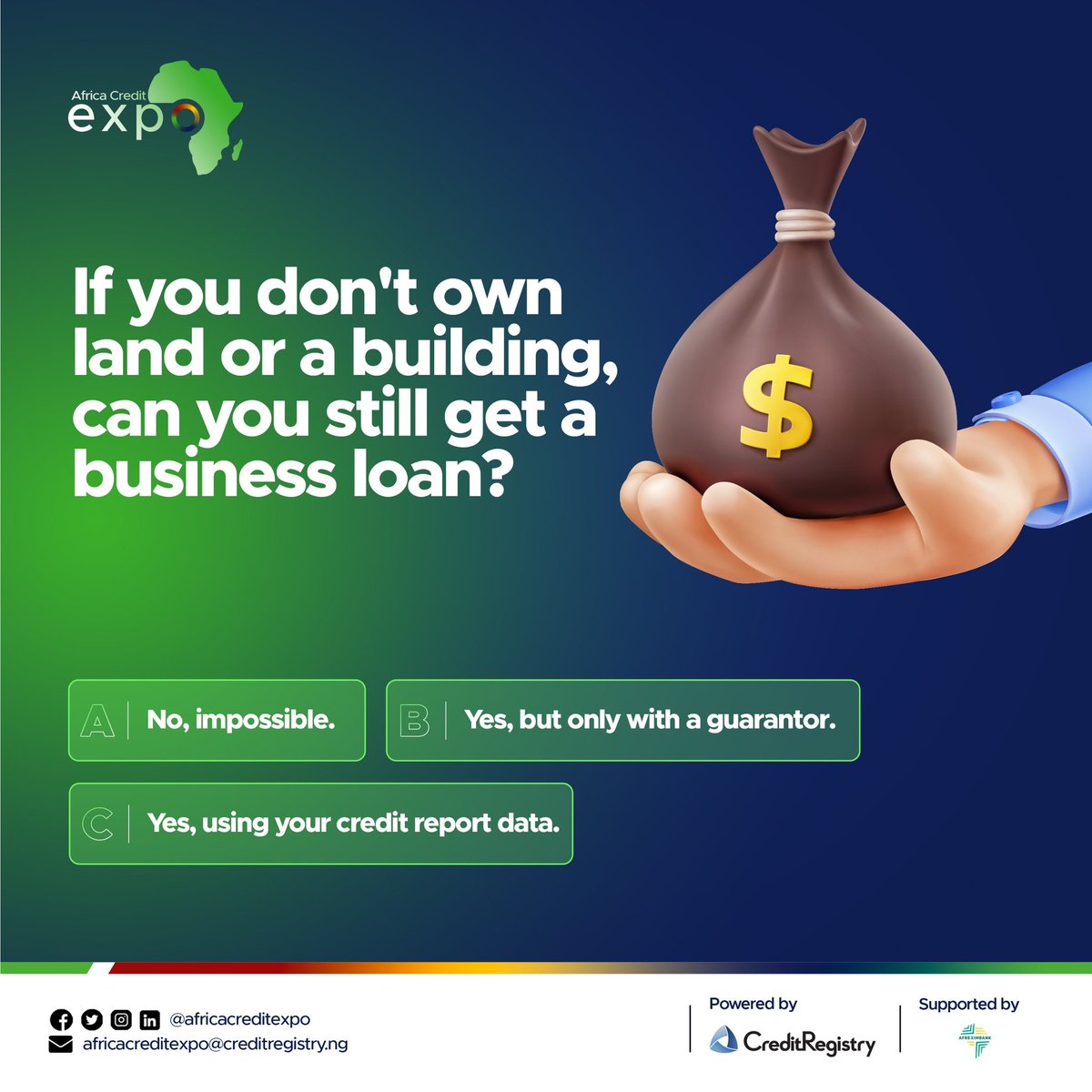 credit_expo's tweet photo. If you guessed the answer is C you're right!
Drop a "🙌" if you're ready for a world where your hard work is your collateral!
#BorrowSmart #CreditReadiness #FinancialPlanning https://t.co/3swtkJTJGv