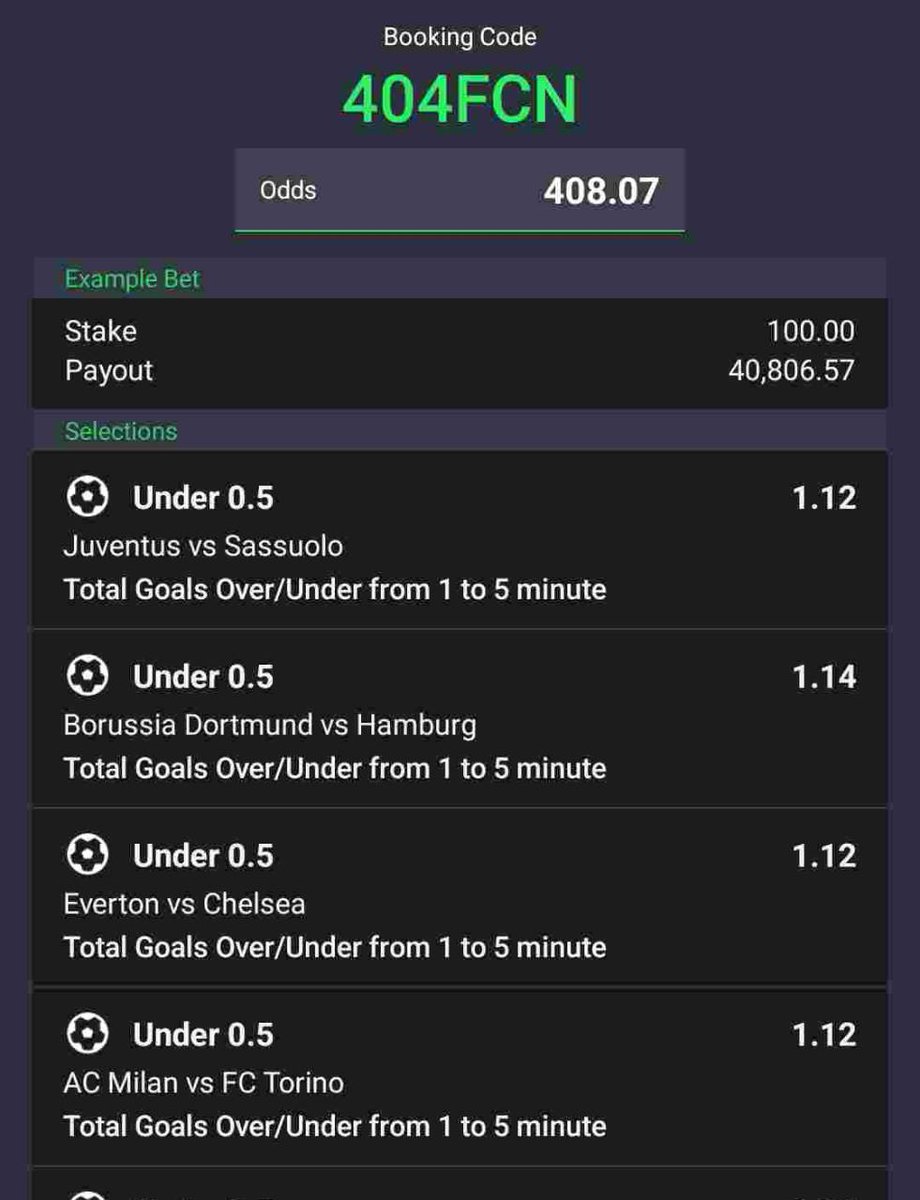 quickwinners's tweet photo. Under 0.5 in 5 minutes

Sportybet code. 404FCN

Posted more codes here 👉 Join WhatsApp channel https://t.co/xzwuPGId2A

Telegram channel https://t.co/7XzTEg3BL7 https://t.co/7PWYMKVStF