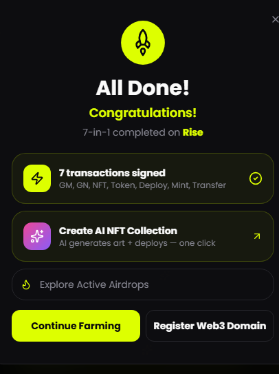 7-in-1 tasks completed on <a href="/risextrade/">RISEx</a> 

Execute 7 on-chain actions across #Rise network in one click

It took 2-3mnn to complete all actions

All network fees are paid using $ETH Faucet on #Rise

Join me for FREE
zns.bio/?ref=YzkwM2Q0N2