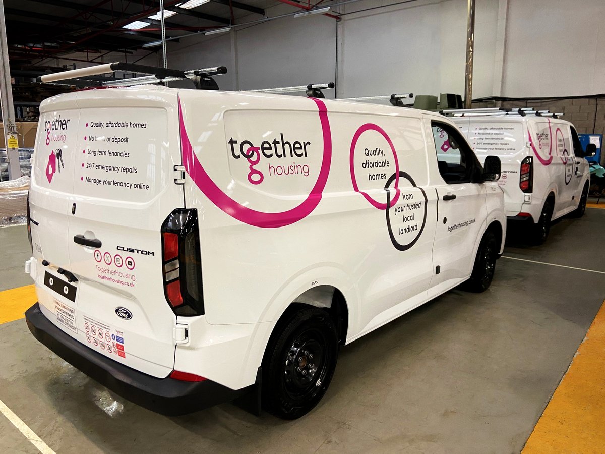 MediafleetLtd's tweet photo. It’s #NewVanDay for the @TogetherHousing team!

As part of our partnership with @lexautolease, we’ve just finished branding this latest batch of @forduk #TransitCustom LCVs, making sure they’re fully road-ready to support the team’s vital community services.

 #SupplyPartnership https://t.co/X7aoEkUcbX