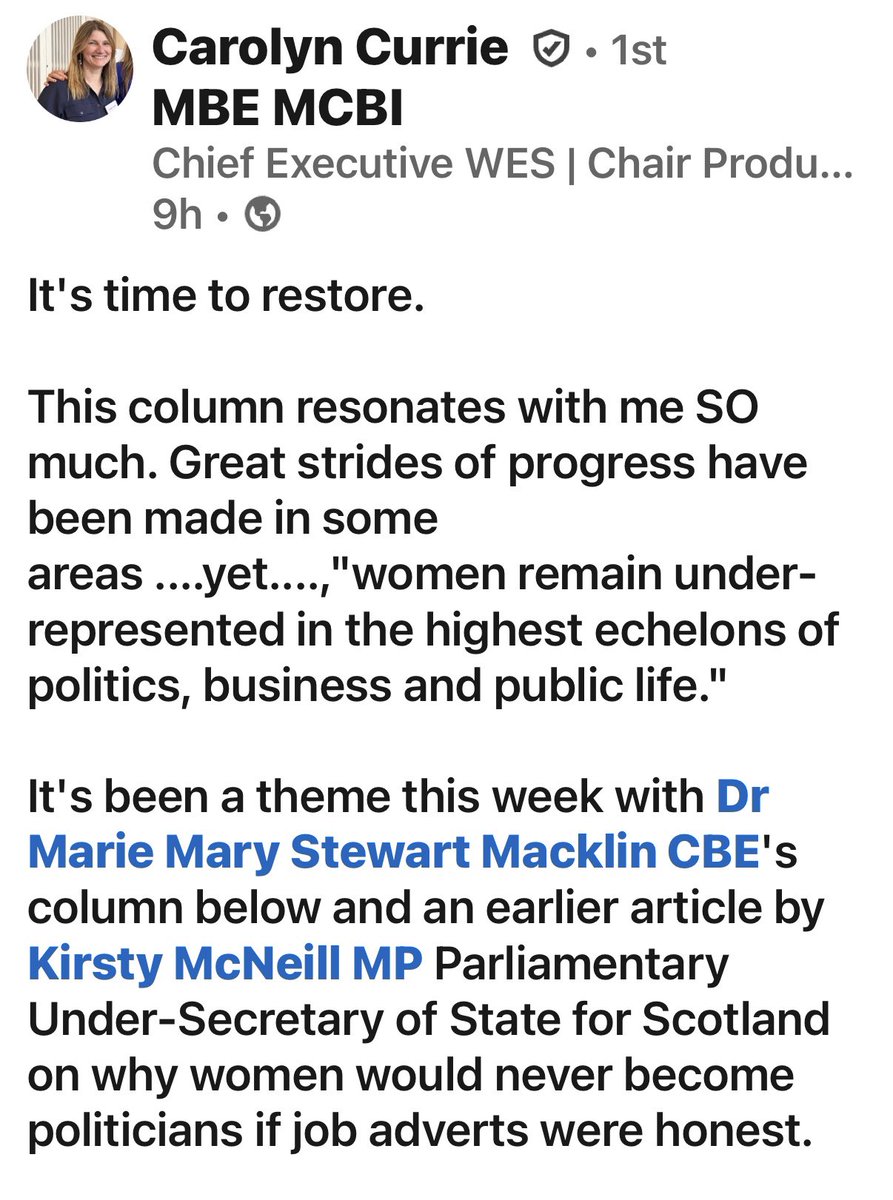 MarieMacklin's tweet image. LIBERTY WOMEN SCOTLAND 🏴󠁧󠁢󠁳󠁣󠁴󠁿
“It is time to restore”.
By @currie_carolyn CEO Women Enterprise Scotland.
Appreciate Carolyn’s comments on linkedin
regarding my @TheScotsman article and her referring to @irvinetimes.
#IWD #GivetoGain