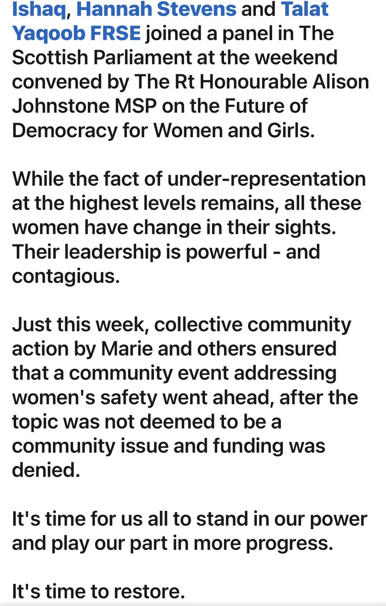 MarieMacklin's tweet image. LIBERTY WOMEN SCOTLAND 🏴󠁧󠁢󠁳󠁣󠁴󠁿
“It is time to restore”.
By @currie_carolyn CEO Women Enterprise Scotland.
Appreciate Carolyn’s comments on linkedin
regarding my @TheScotsman article and her referring to @irvinetimes.
#IWD #GivetoGain
