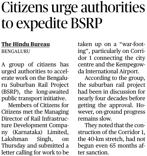 KridePrm's tweet photo. The Bengaluru Suburban Rail Project is a transformative mobility initiative for the city and it is encouraging to see strong citizen interest in its progress.

It is important to note that KRIDE has made significant strides on several key fronts w.r.t BSRP:-

Alignment approvals for all four corridors of the project, which was a crucial milestone for the execution phase of the project, have been successfully obtained.
 
Stations work of BSRP, which are Long Lead Items, are progressing well. Station works of Corridors 2 and 4 are advancing very well and major construction activities are underway. 

In addition, land acquisition for Corridor 2 has been completed 100%, while land acquisition for Corridor 4 is in progress. Land acquisition process has also been initiated for Corridor 1 and corridor 3 after the approval of alignment. Bengaluru’s long-term mobility needs these Corridors and we are moving in this direction accordingly. 

KRIDE remains firmly committed to delivering citizen-centric urban mobility infrastructure for Bengaluru. The organisation values and appreciates constructive engagement from citizens and stakeholders, which plays an important role in strengthening and accelerating the city’s infrastructure development.
@the_hindu