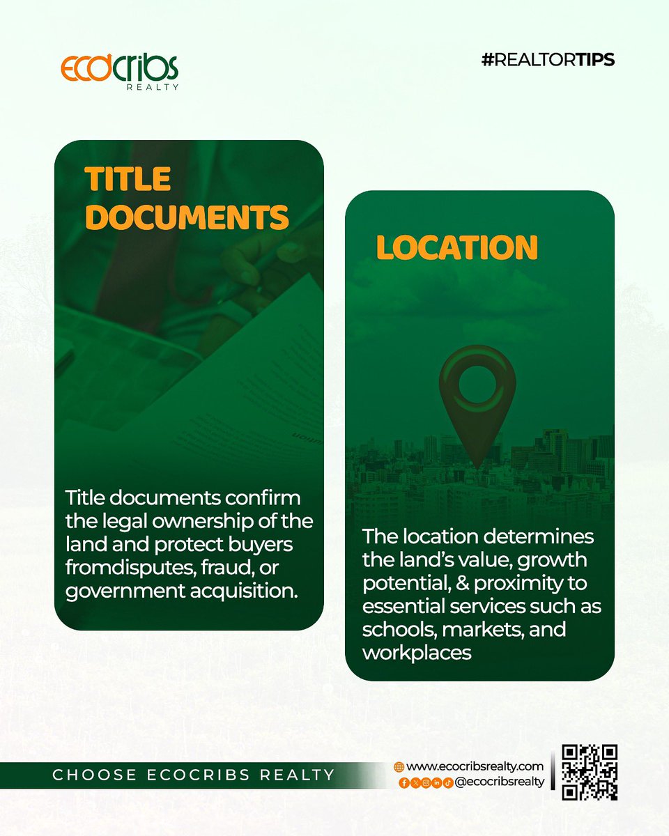 ecocribs's tweet photo. Thinking of buying land? 

Don’t skip these 5 crucial checks!

Before you sign anything, make sure you’ve verified:
✅ Title Documents
📍 Location
🛣️ Accessibility
⚡ Infrastructure 
🏘️ Estate Layout

Buying land is a big decision make it a smart one. 

At Ecocribs Realty, your concerns become our concern. 

We guide you every step of the way.

📲 Ready to find your perfect plot?

👉 Book an inspection today via the link in our bio or visit https://t.co/EWAGz9XNjR