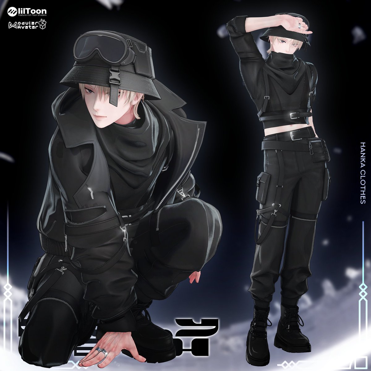 #BLUECLOUD_BOOTH 様の人気シリーズ
「DailyTechwear-IV」#hanka3d のモデルを担当させていただきました〜！

シェイプキーでさまざまなバリエーションを楽しめるところがとても魅力的です！

現在イベントも開催中とのことですので、他の素敵なモデル様の着用例とあわせてチェックしてみてください