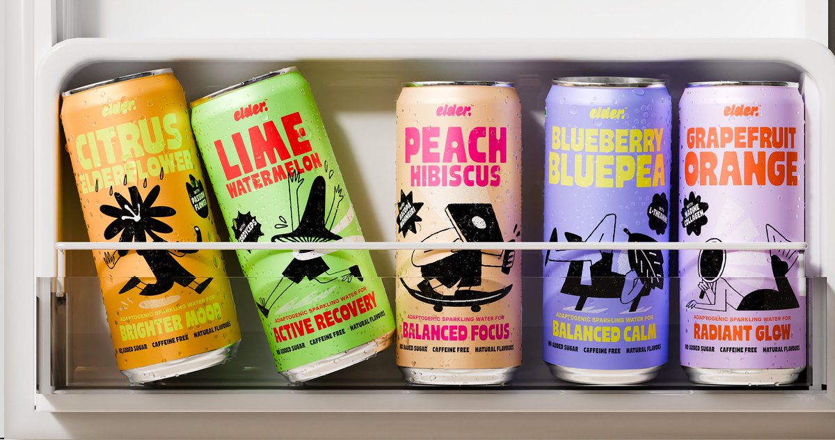 packagings's tweet image. Elder presents a vibrant packaging system for its #adaptogen powered #sparklingdrinks, combining bold color palettes, playful #illustrations, and expressive typography to give each flavor a distinct personality.

packagingoftheworld.com/2026/03/elder.…

#packagingdesign by Abox Agency
