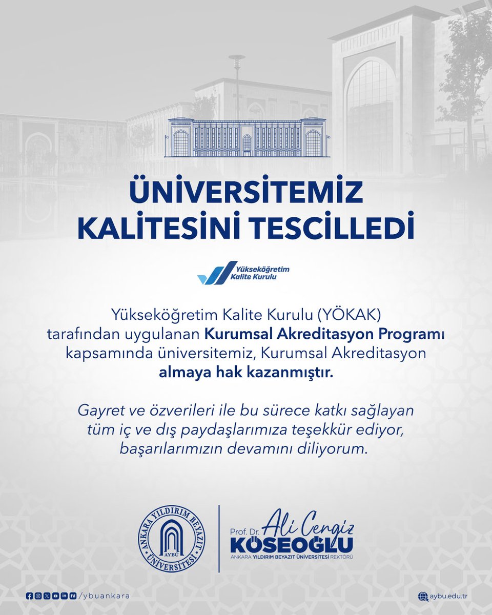 Yükseköğretim Kalite Kurulu (YÖKAK) tarafından uygulanan Kurumsal Akreditasyon Programı kapsamında üniversitemiz, Kurumsal Akreditasyon almaya hak kazanmıştır.

<a href="/acengizkoseoglu/">Ali Cengiz Köseoğlu</a> 
<a href="/ykalitekurulu/">Yükseköğretim Kalite Kurulu (YÖKAK)</a>  
<a href="/kalitekurulu/">AYBU_KaliteKurulu</a> 
<a href="/YuksekogretimK/">Yükseköğretim Kurulu (YÖK)</a>
