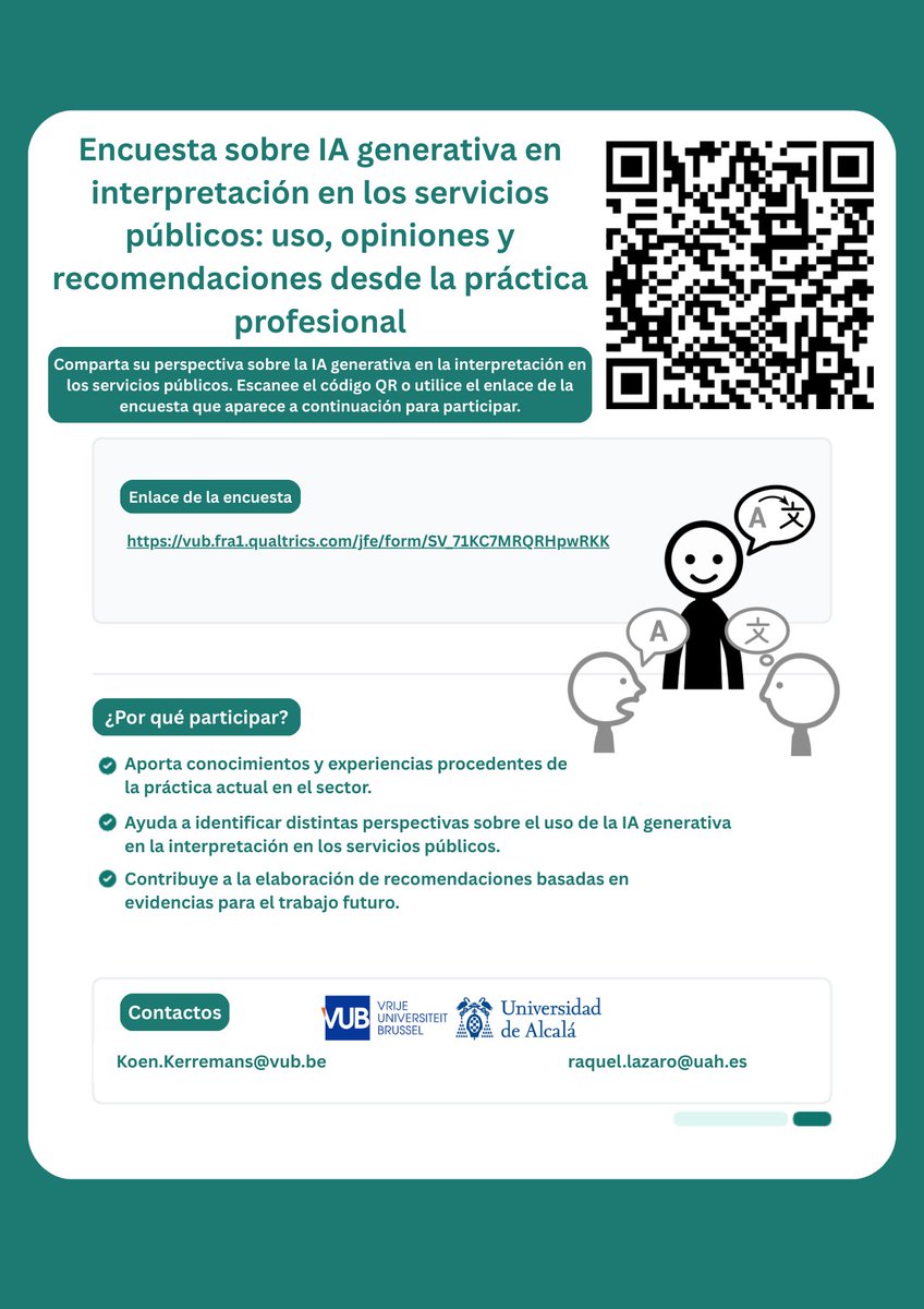 tuitsdegabriel's tweet photo. Por si la comunidad de colegas intérpretes en los servicios públicos pueden echar un cable a este equipo de investigadores en #TISP de @fitispos y @AFIPTISP1 de @UAHes y @VUBrussel. https://t.co/gdcTLjPXb1