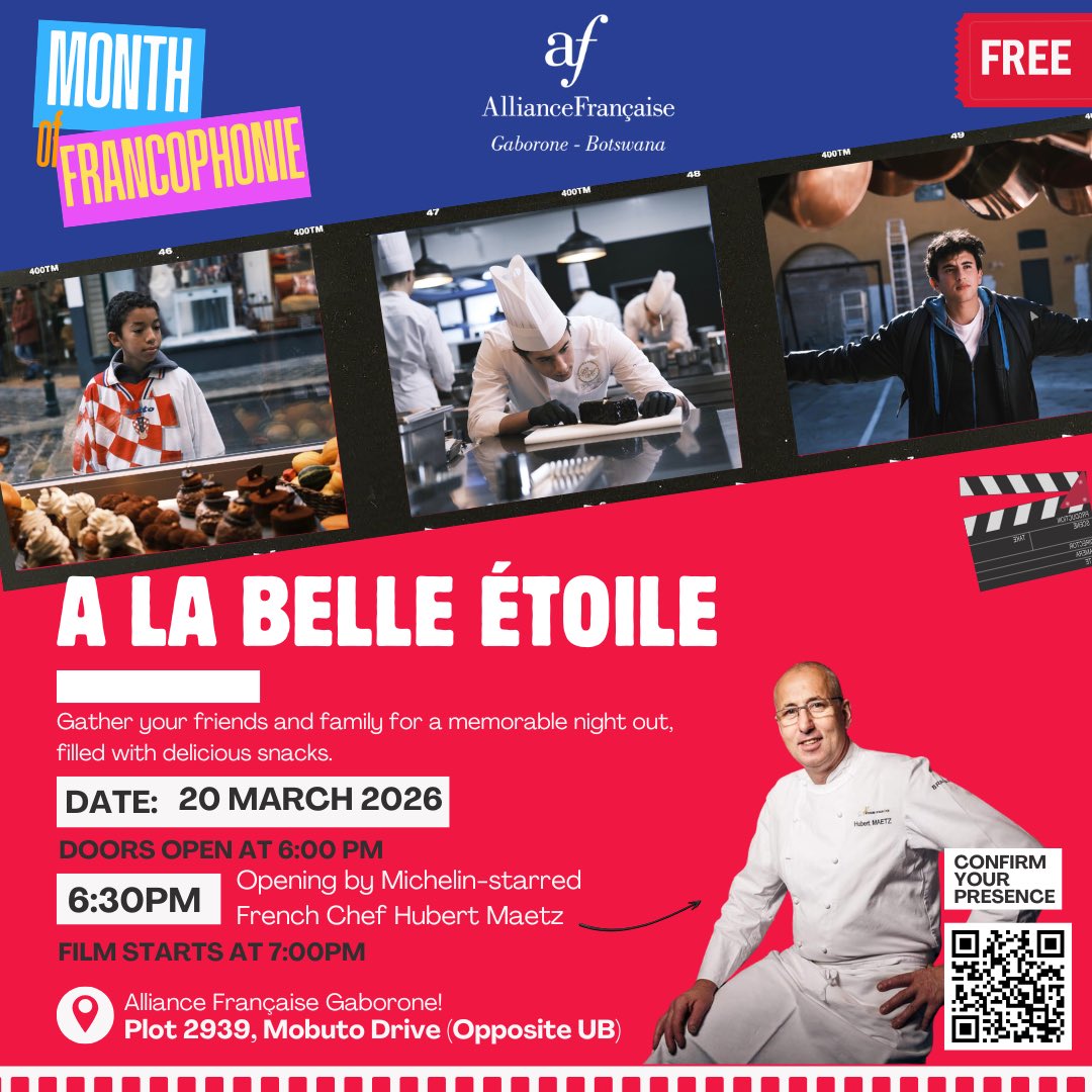 AFgaborone's tweet photo. Join us on Friday, 20 March at 18.30pm for the French film À la Belle Étoile (2022) at the Alliance Française of Gaborone.
Duration: 1h50. The film is in French with English subtitles.

Scan the QR code to confirm your attendance. https://t.co/lcr3ZKHTBa