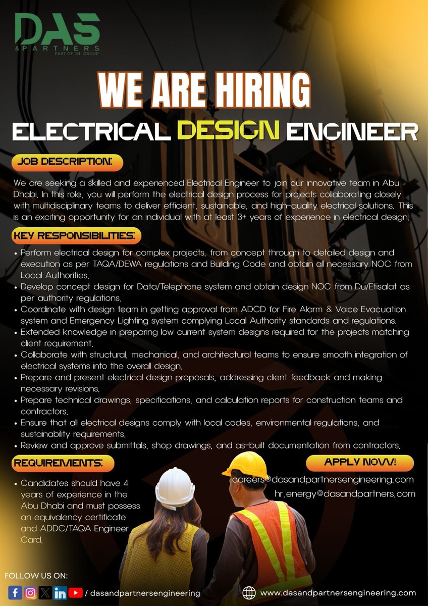dasandpartners's tweet photo. We Are Hiring! | Electrical Design Engineer ⚡#topengineeringconsultantabudhabi #UAE #UnitedArabEmirates #SustainableProgress #OperationalExcellence #Confidence #SecurityFramework #TeamStrength #ElectricalDesign #ElectricalEngineering https://t.co/6sKi49ohrI