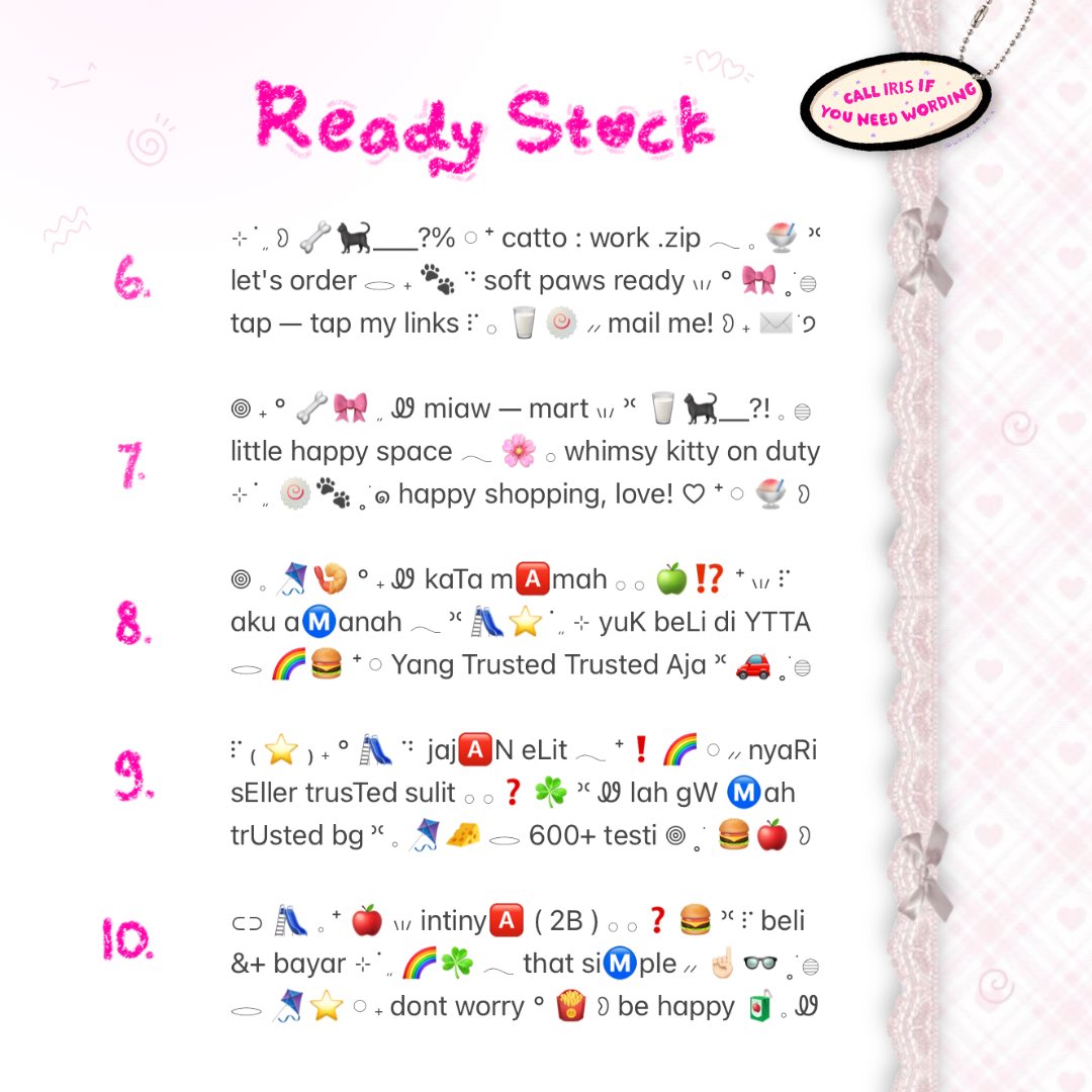 ⠀
🐈‍⬛🌸  tolong repost, love  ..  ♡%

halo — halo!  🥛🎀  [ BIO WORDING ] cantik nan comel buatan iris siap 'tuk lengkapi profil bisnismu  🍧  yuk jajan, hanya 3.500 / bio  🍥  ketuk kotak pesanku &amp;&amp;. adopsi wording favoritmu sekarang!  :3

( t.  ——  #zonauang rs ready stock )