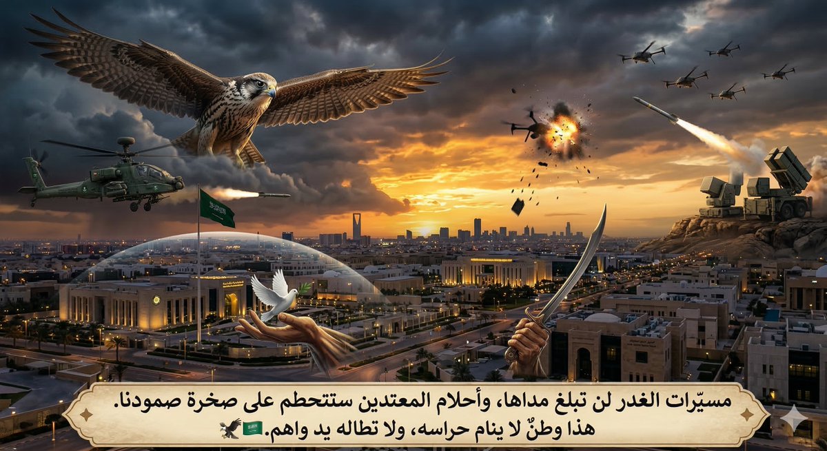 FuadAlbrahim's tweet photo. @SaudiNews50 خلف كل غيمة صقر، وفي كل شبرٍ عينٌ ساهرة. نحن وطنٌ يصنع السلام بيد، ويحمي السيادة باليد الأخرى. مسيّرات الغدر لن تبلغ مداها، وأحلام المعتدين ستتحطم على صخرة صمودنا. هذا وطنٌ لا ينام حراسه، ولا تطاله يد واهم." 🦅🇸🇦 https://t.co/SogkE8fOPA