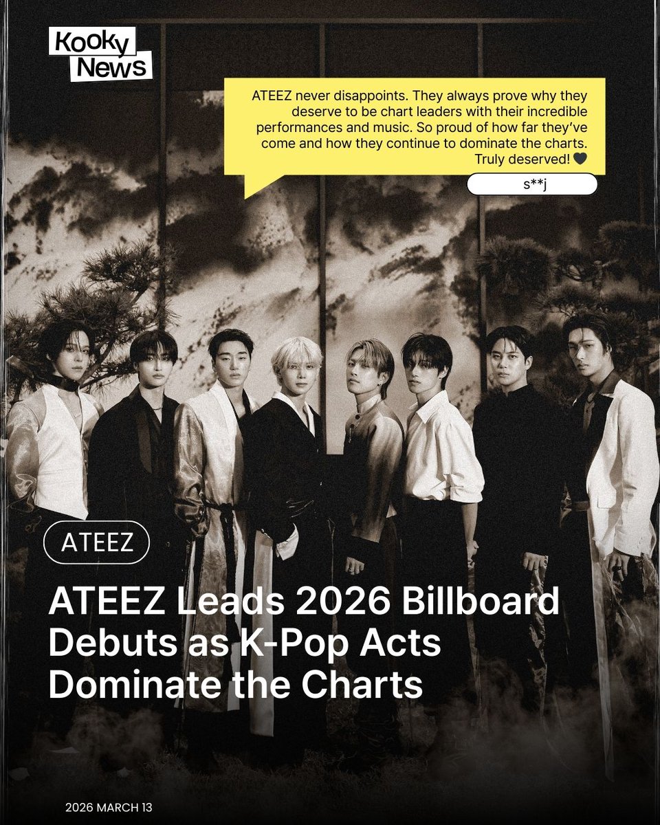 kooky__official's tweet photo. #KookyNews – Mar week 2
🔗 https://t.co/AMwJWn5FvB
🥇 #1 Hot Topic — #ATEEZ #에이티즈 #GOLDENHOUR #GOLDENHOUR_Part4 #Adrenaline
🔥 ATEEZ Leads 2026 Billboard Debuts as K-Pop Acts Dominate the Charts
🥈 #2 Hot Topic — #StrayKids #스트레이키즈 #IN生 #INLIFE #BackDoor #YouMakeStrayKidsStay
🔥 Stray Kids’ ‘Back Door’ MV Surpasses 400M Views as U.S. Streams Hit 1.2B