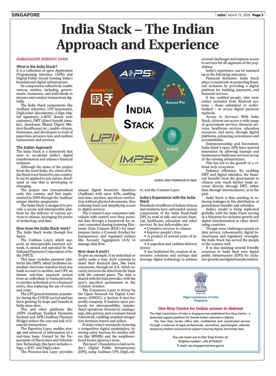 HCI_Singapore's tweet photo. Article on #IndiaStack in today’s edition of Tabla!

India Stack elements like UPI, Aadhaar, DigiLocker, e-KYC are contributing to accelerating India’s digital transformation and enhancing financial inclusion.

#ViksitBharat https://t.co/nVRYHc7Gxj