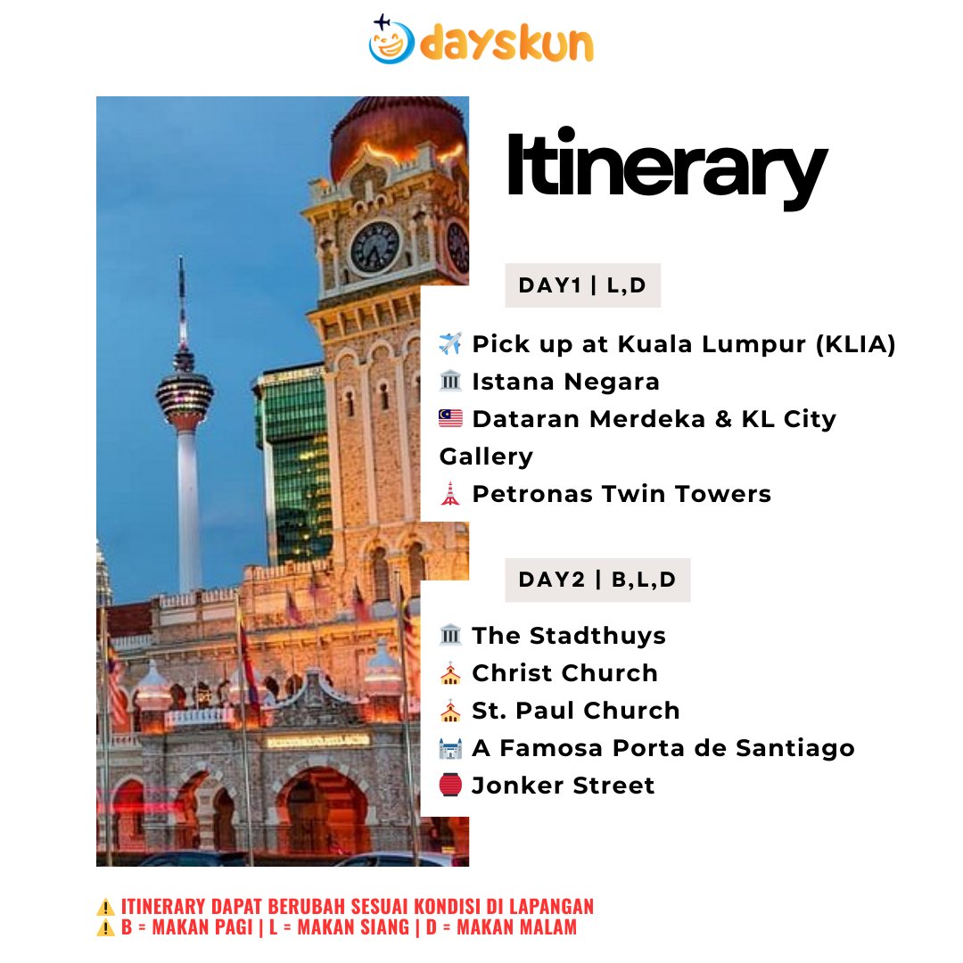 dayskuntour's tweet photo. .
🇲🇾✨ 4D Malaysia + Genting + Melaka (Private Trip) 🏙️🎢
.
😎 Keliling Kuala Lumpur seperti bos dengan private trip!
🚗 Tanpa antre, tanpa ribet transportasi umum — semua perjalanan lebih santai, fleksibel, dan nyaman. https://t.co/kiXolP6Hcw