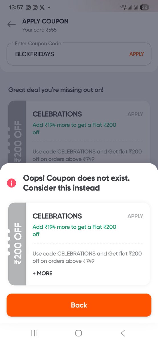 gowtham_chinnam's tweet photo. @SwiggyCares 
I dont understand logic i see the offer applicable in black section but not applicable when applied. Cart doesnt have any discounted item https://t.co/lUo3qeDwO5