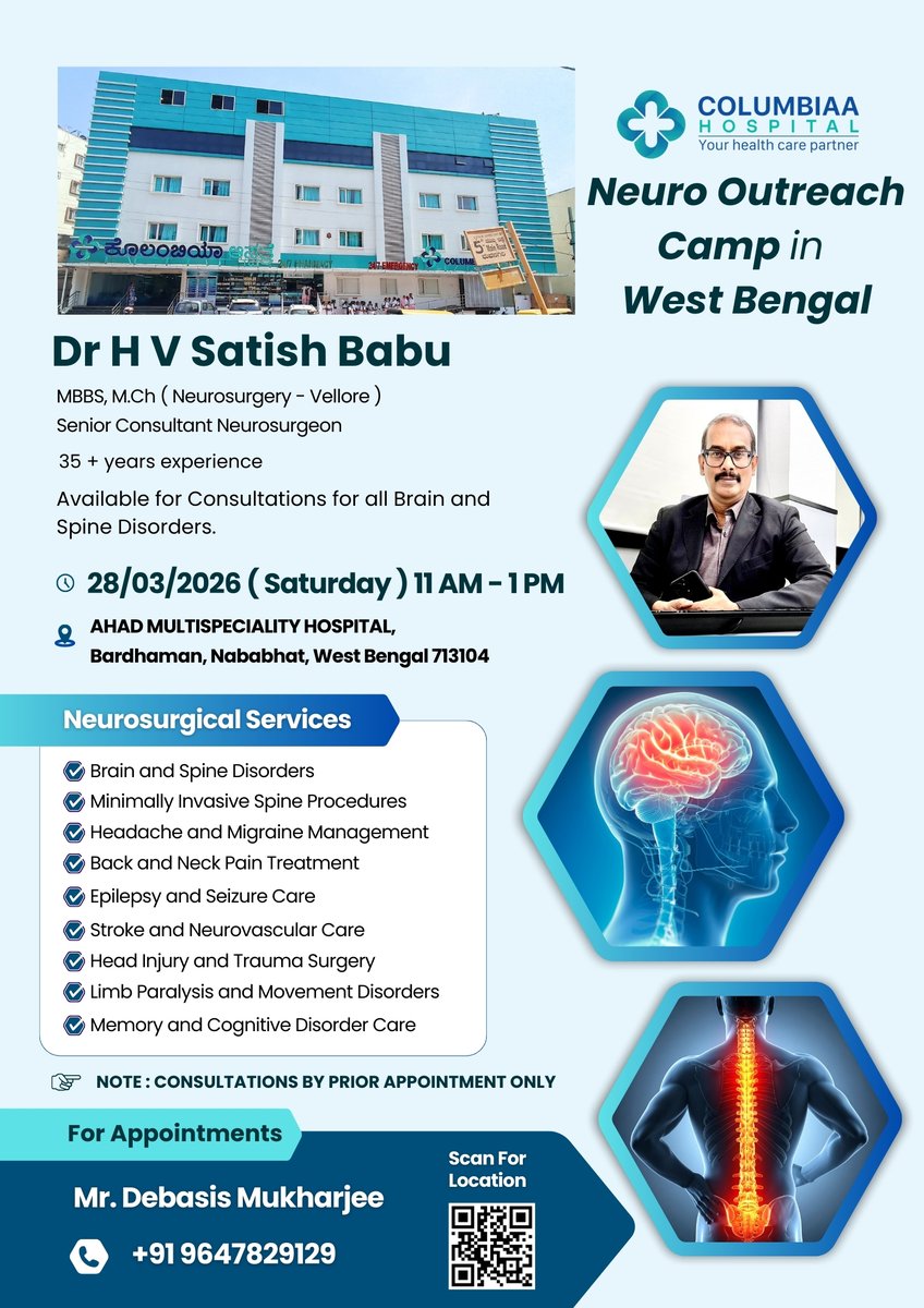 columbiaahosp's tweet image. Neuro Outreach Camp by Dr H V Satish Babu from Columbiaa Hospital, Bengaluru on 28 Mar, 11 AM–1 PM at AHAD Multispeciality Hospital, Bardhaman, WB. For appointment call +91 9647829129.#ColumbiaaHospital #BestDoctor #HospitalNearMe #DoctorNearMe #NeuroCamp