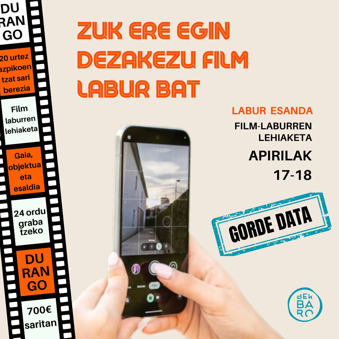 📽️ Badator Labur Esanda lehiaketaren VI. edizioa. Apirilak 17-18. Gorde data!

👉 Bai, zuk ere egin dezakezu film labur bat.

Laster informazio guztia eta izen ematea zabalik.