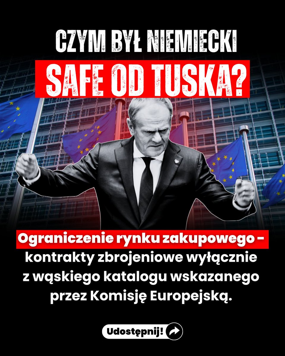 🟥 Czym był niemiecki SAFE Tuska? ❗ Ograniczenie rynku zakupowego. Kontrakty zbrojeniowe tylko z wąskiego katalogu wskazanego przez Komisję Europejską.
🔔 Polska armia powinna kupować sprzęt tam, gdzie jest najlepszy, a nie tam, gdzie każe Bruksela.
🔁 Udostępnij.