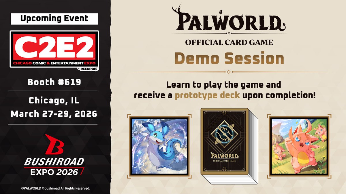 Catch us at C2E2, and be one of the first few to try out the game! 

Learn how to play the Palworld OFFICIAL CARD GAME and earn attractive prizes!

🔗 bit.ly/PalOCG-Events

#PalworldOCG