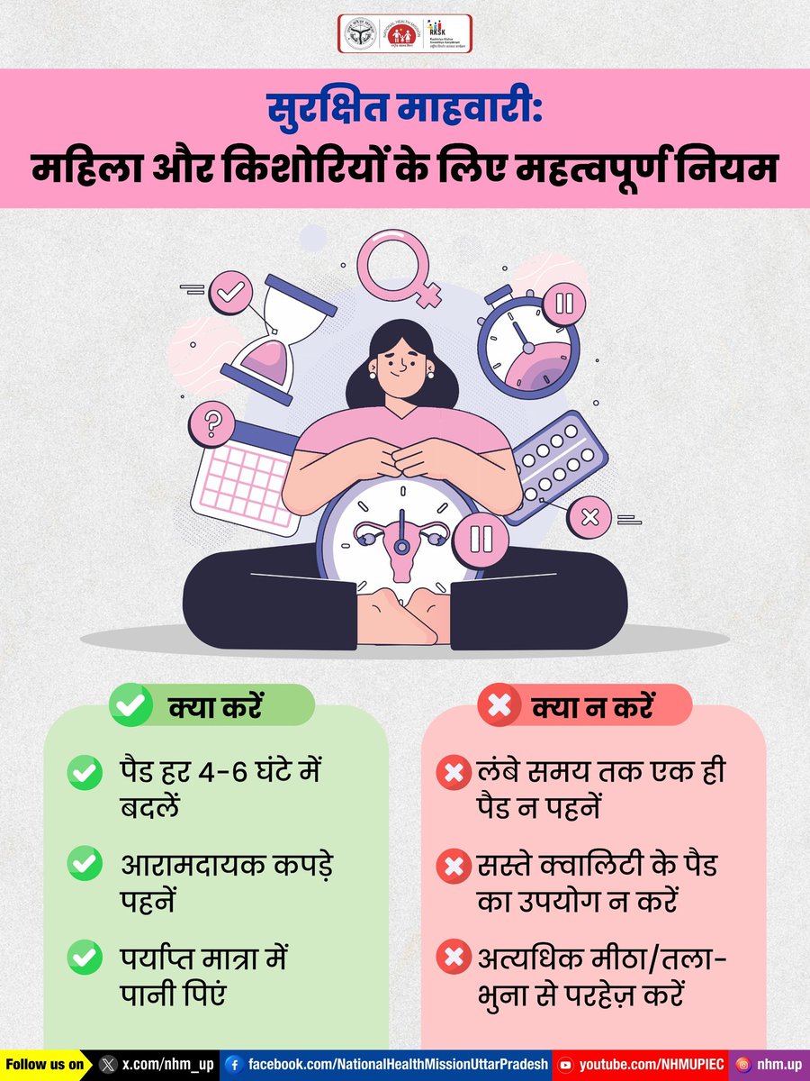 👩‍⚕️🌸 स्वस्थ और सुरक्षित माहवारी आपका अधिकार है। 
स्वच्छता अपनाकर संक्रमण से बचें और अपने स्वास्थ्य का ध्यान रखें।  

Menstrual Hygiene | Safe Periods | Womens Health

#MenstrualHygiene #WomenHealth #NHMUP