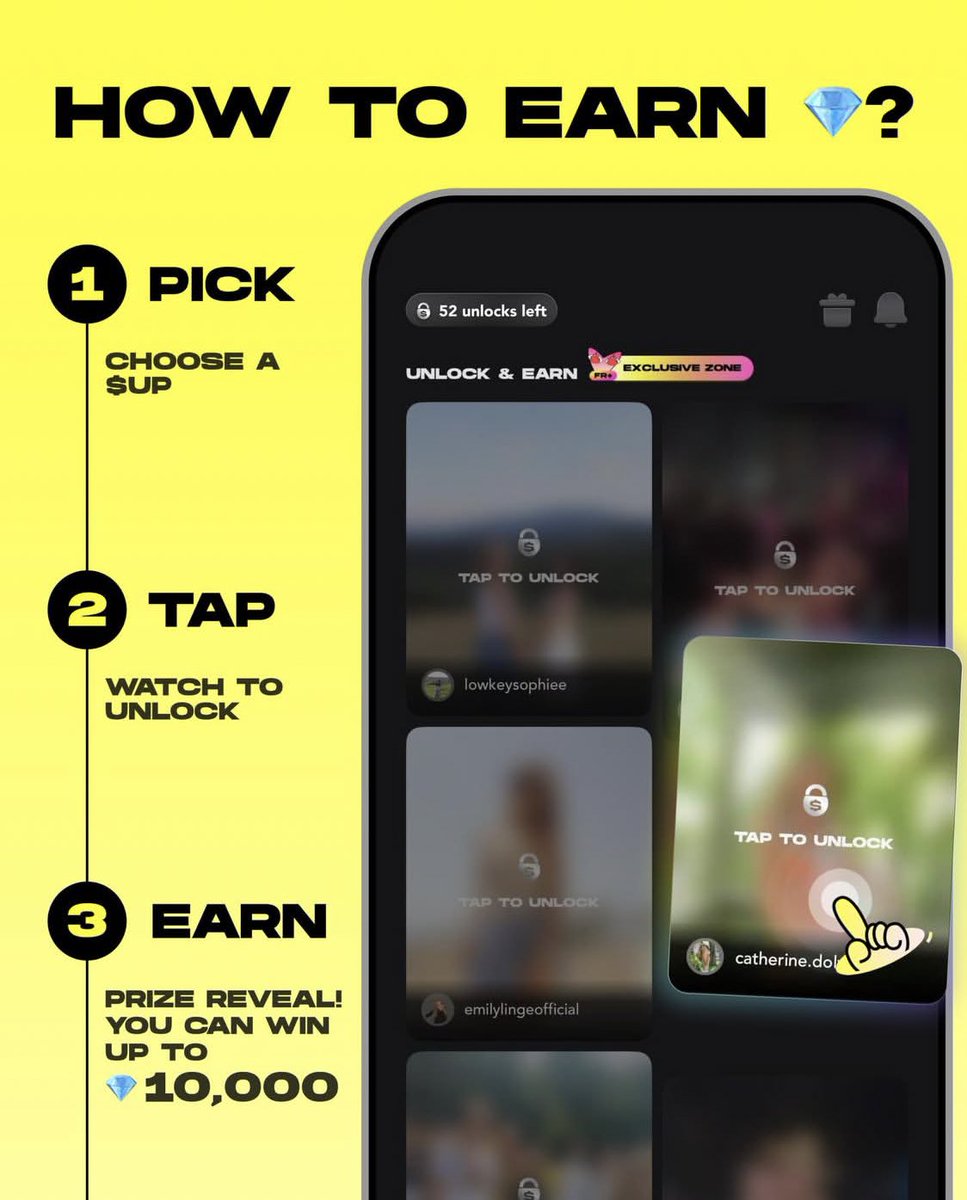 RealFrApp's tweet photo. Ever wondered how you can earn by viewing content on Fr? 

Just go ahead and choose and watch a $UP to unlock for a chance to win Diamonds that you can easily convert into cash. Join the movement here  https://t.co/vcDj3ZQg1X https://t.co/P5iyxoygiX