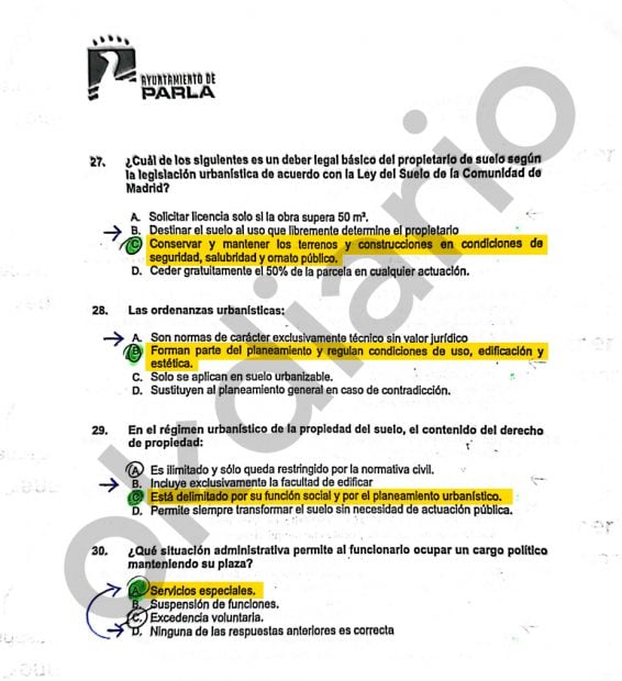 🔴 El Ayuntamiento socialista de Parla, amaña un examen marcándolo con un patrón de signos revelado solamente a sus opositores afines.

La respuesta correcta era la no acabada con un punto. 

Luego que las elecciones son limpias y eso ...

No ganamos para disgustos la verdad, es