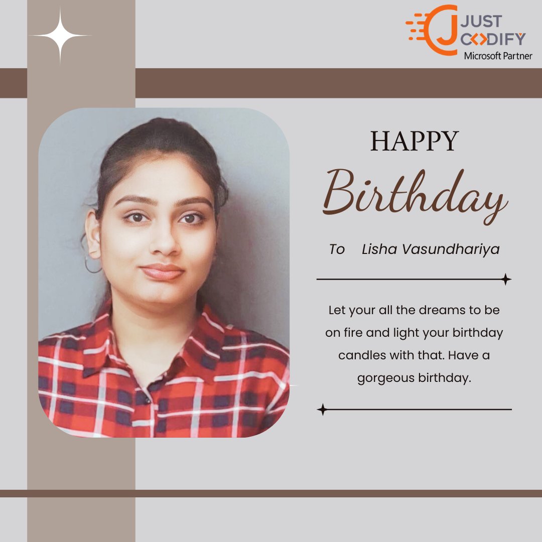 JustCodify's tweet photo. Happy Birthday, Lisha! 
Wishing you a year of new opportunities, big achievements, and continued success. Your positivity and team spirit truly make a difference. Have a fantastic day and a great year ahead!  
#HappyBirthday #Codify #WorkFamily #BirthdayVibes #JustCodify https://t.co/s2ORJ8B0Rj