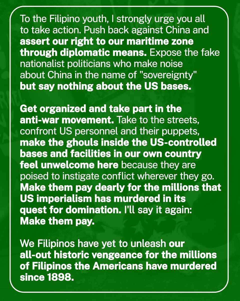 bdmppwshortfilm's tweet photo. It means so much more to stand with the oppressed and colonized. I salute the global anti-imperialist solidarity movement. Let's take every opportunity to rapidly build, consolidate, and mobilize this movement until it becomes an unstoppable flood. 

#USTroopsOutNow
#AtinAngPinas https://t.co/vHGXUI5KAX