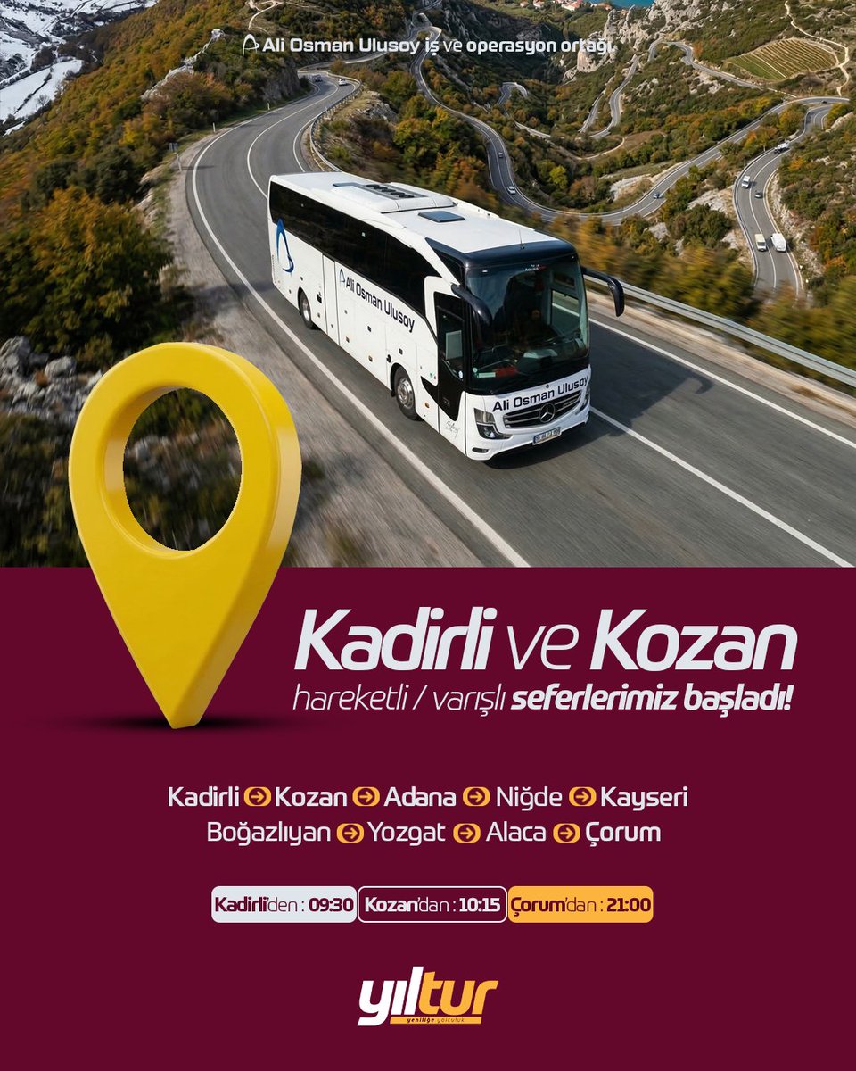 📢 KADİRLİ &amp; KOZAN hareketli ve varışlı seferlerimiz başladı!

Yeni filomuzla her gün #Kadirli'den 09:30, #Kozan'dan 10:15 hareketli #Adana, #Niğde, #Kayseri, #Boğazlıyan, #Yozgat ve #Alaca ara duraklı #Çorum seferlerimiz için biletleriniz sizleri bekliyor.

#yıltur