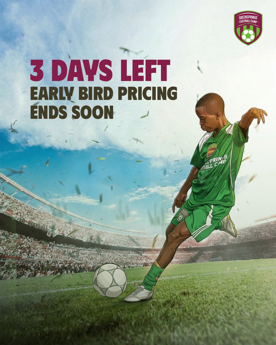 The clock is ticking! Early Bird pricing for Greensprings Football Camp ends in just 3 days. 

Secure your spot at the best rate before it's gone!