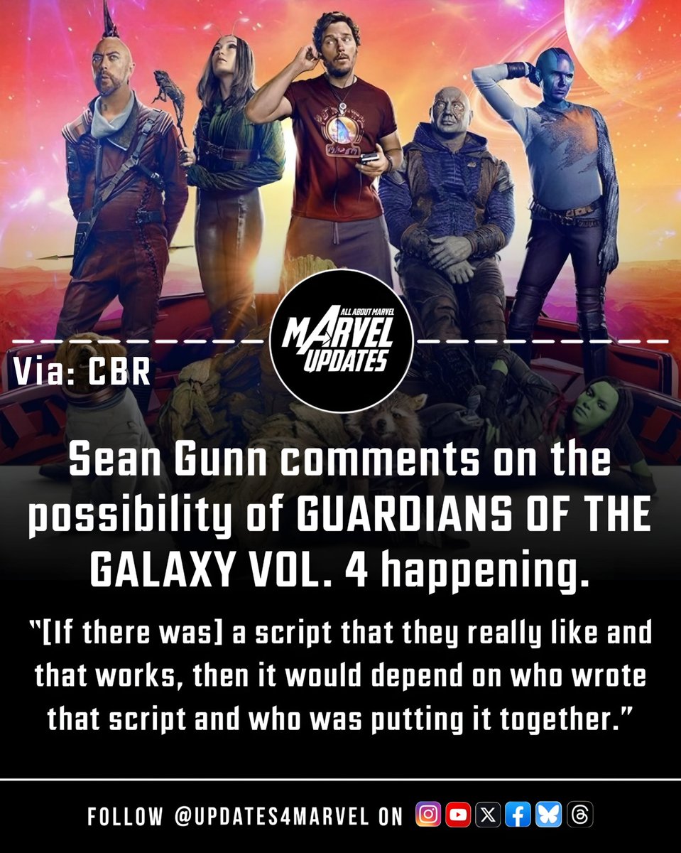 Updates4Marvel's tweet image. Sean Gunn says Guardians of the Galaxy Vol. 4 could happen if Marvel finds the right script and the right team to make it.

#GuardiansOfTheGalaxy #MCU