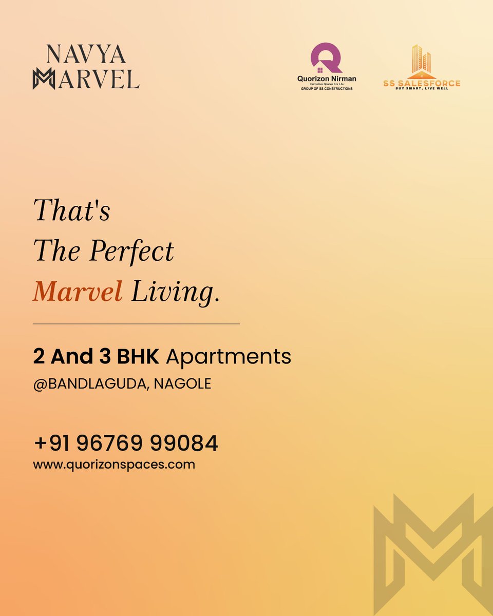 SSSalesforce's tweet photo. A home shaped around real life. Calm mornings, playful afternoons, peaceful evening walks, and workdays with a better view. Thoughtfully designed 2 &amp; 3 BHK living at Navya Marvel, Bandlaguda, Nagole.
.
.
#NavyaMarvel #QuorizonSpaces #SSSalesforce https://t.co/usHlWqC0wU