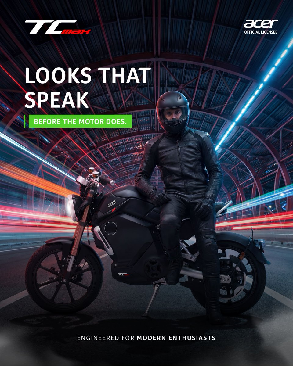 acerelectricind's tweet image. Some machines move you. Others make a statement before they even start. ⚡

Acer TC Max blends bold design with electric performance, built for riders who demand presence on the road as much as power.
#TCMax #AcerElectric #ElectricBike #RideElectric #Performance #NextGenRide #EV