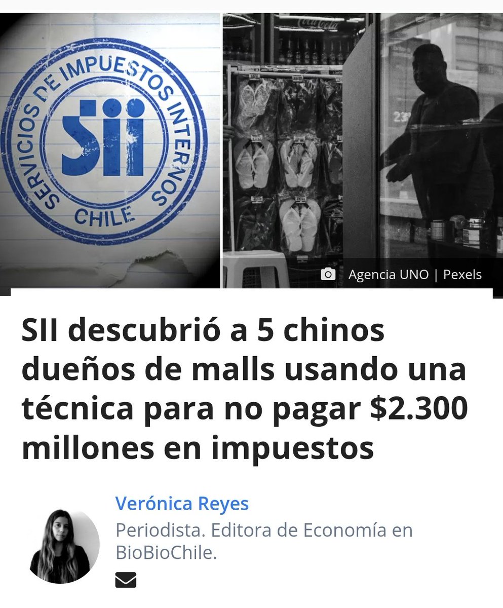 Más de 20 empresas fantasma ligadas a dueños de malls chinos para defraudar al Fisco, detectadas por el Servicio de Impuestos Internos.
Millones en evasión mientras el gobierno de Gabriel Boric ahogaba en impuestos al chileno que trabaja.