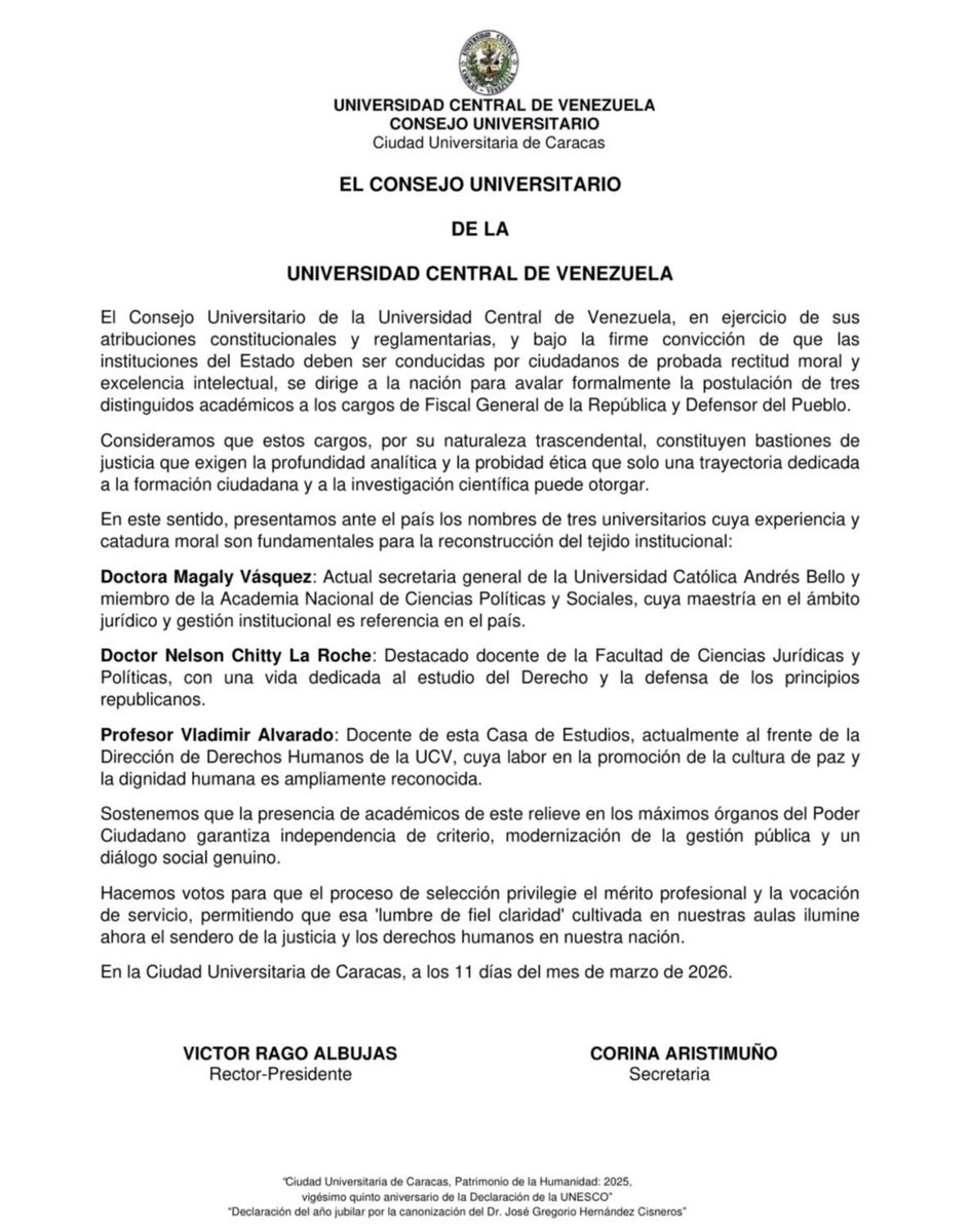eldiario's tweet photo. #13Mar | El Consejo Universitario de la Universidad Central de Venezuela, en su sesión ordinaria del #11Mar, avaló formalmente las postulaciones a los cargos de fiscal general de la República y defensor del Pueblo a los profesores Dr. Magaly Vásquez (@mavasquezg), de la Universidad Católica Andrés Bello (UCAB), el Dr. Nelson Chitty (@nchittylaroche) y el profesor Vladimir Alvarado, de la Universidad Central de Venezuela (UCV).

“Sostenemos que la presencia de académicos de este relieve en los máximos órganos del Poder Ciudadano garantiza independencia de criterio, modernización de la gestión pública y un diálogo social genuino”, reseñó el consejo en un comunicado.

Asimismo, agregaron que esperan que el proceso de selección “privilegie el mérito profesional y la vocación de servicio”.

📰: @VivaLaUCV
