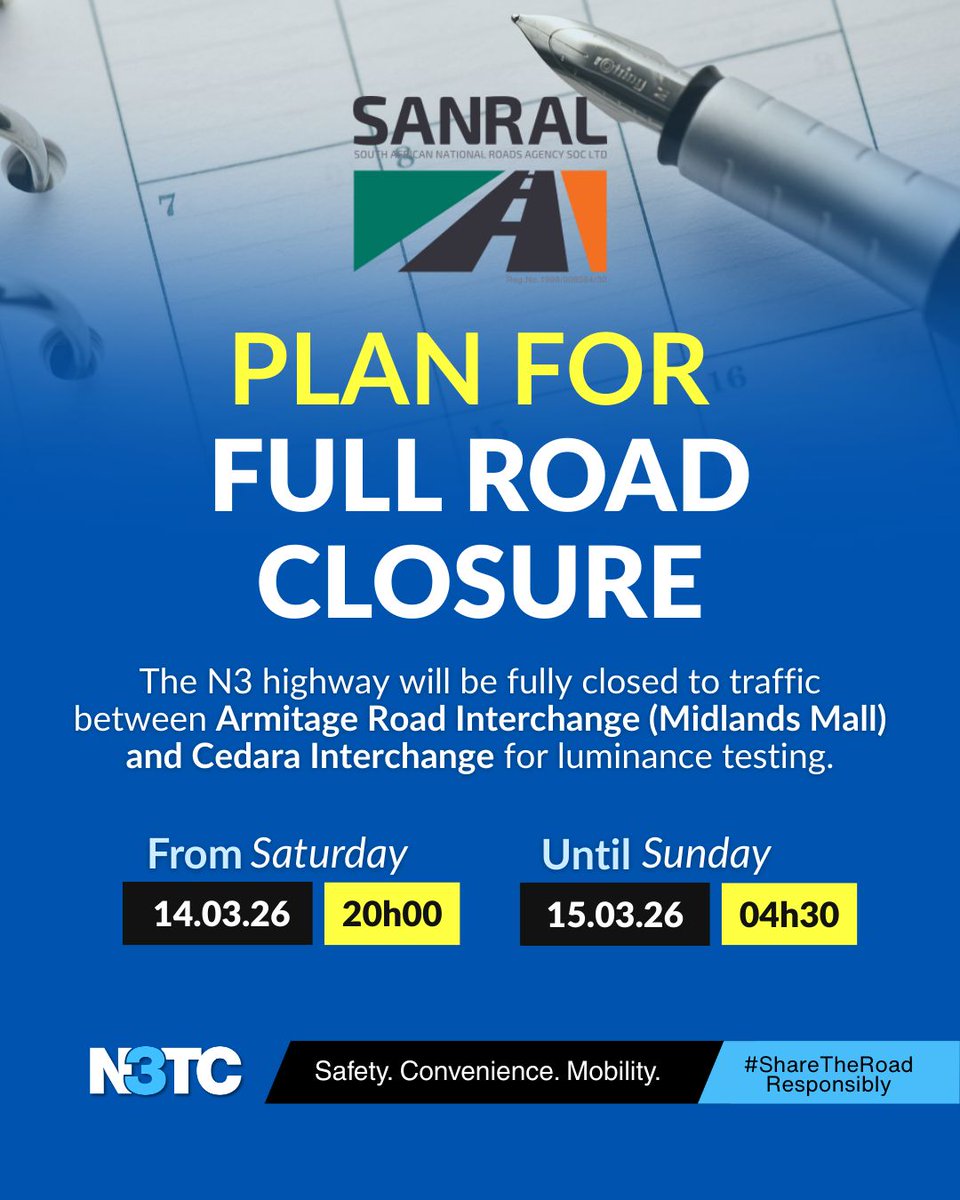 _ArriveAlive's tweet image. N3 Traffic Advisory: SANRAL plans for a full road closure

arrr.co.za/OvoGV

#ArriveAlive #RoadClosure @SANRAL_za  @N3Route  @ConstructionSfy