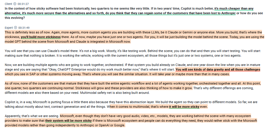 RihardJarc's tweet photo. A MUST-read interview with an Accenture employee explaining the current usage patterns of $MSFT Copilot, Claude, and other AI models in enterprise usage:

1.  They mostly work with large and large mid-market companies. According to him, as far as it comes to $MSFT Copilot, everybody has a license wherever they have Microsoft. 80% of his clients start with $MSFT because of the plumbing, security, and data access, as the integration is very seamless, as they already use $MSFT. But now he estimates that AROUND 50% of the clients are actively experimenting with second vendors. This is where Anthropic is coming into the picture, mostly because of reasoning, the long context window, and other things.

2.  He explained that while 80% of their clients have adopted these solutions, that doesn't mean the market is saturating, as there is the question of usage.

3.  In his view, we are not entering the phase where people are looking for these providers to automate the workflow.

4.  The main issues of $MSFT Copilot in terms of performance vs Claude are, in his view, the hallucinations and worse reasoning. Claude's context window also matters a lot.

5.  They are also seeing ChatGPT Enterprise and $GOOGL Gemini coming into discussions, especially when talking about agentic workflows. Gemini is strong where people use $GOOGL Workspace or are on GCP. When he compared the performance, he thinks $GOOGL Gemini is better than Copilot, but doesn't think it's better than Anthropic. $GOOGL with Gemini is also very aggressive with discounting.

6.  According to him, $GOOGL Gemini is closing many deals with agentic AI workloads when Copilot renewals are coming, and customers are seeing the challenges they have faced.

7.  In terms of switching costs between providers, the expert explains that when we were in the chatbot era, the switching costs were small, as you could switch between chatbots in a week. But now, as we enter the agentic workflow era, the switching costs are higher and last 1-2 quarters.

8.  He also thinks that as more and more agents are built, the stickiness of a vendor becomes higher, and the switching costs might start to resemble more of the traditional software, where it takes a year or more to switch in some cases. He thinks stickiness will continue to grow, especially with things like multimodal usage.

9.  In his view, $MSFT is working behind the scenes with many ecosystem providers to make sure that their system will be more sticky as a lot of clients would rather stick with $MSFT-provided models rather than going independently to Anthropic, OpenAI, or $GOOGL.

found on @AlphaSenseInc