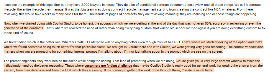 RihardJarc's tweet photo. A MUST-read interview with an Accenture employee explaining the current usage patterns of $MSFT Copilot, Claude, and other AI models in enterprise usage:

1.  They mostly work with large and large mid-market companies. According to him, as far as it comes to $MSFT Copilot, everybody has a license wherever they have Microsoft. 80% of his clients start with $MSFT because of the plumbing, security, and data access, as the integration is very seamless, as they already use $MSFT. But now he estimates that AROUND 50% of the clients are actively experimenting with second vendors. This is where Anthropic is coming into the picture, mostly because of reasoning, the long context window, and other things.

2.  He explained that while 80% of their clients have adopted these solutions, that doesn't mean the market is saturating, as there is the question of usage.

3.  In his view, we are not entering the phase where people are looking for these providers to automate the workflow.

4.  The main issues of $MSFT Copilot in terms of performance vs Claude are, in his view, the hallucinations and worse reasoning. Claude's context window also matters a lot.

5.  They are also seeing ChatGPT Enterprise and $GOOGL Gemini coming into discussions, especially when talking about agentic workflows. Gemini is strong where people use $GOOGL Workspace or are on GCP. When he compared the performance, he thinks $GOOGL Gemini is better than Copilot, but doesn't think it's better than Anthropic. $GOOGL with Gemini is also very aggressive with discounting.

6.  According to him, $GOOGL Gemini is closing many deals with agentic AI workloads when Copilot renewals are coming, and customers are seeing the challenges they have faced.

7.  In terms of switching costs between providers, the expert explains that when we were in the chatbot era, the switching costs were small, as you could switch between chatbots in a week. But now, as we enter the agentic workflow era, the switching costs are higher and last 1-2 quarters.

8.  He also thinks that as more and more agents are built, the stickiness of a vendor becomes higher, and the switching costs might start to resemble more of the traditional software, where it takes a year or more to switch in some cases. He thinks stickiness will continue to grow, especially with things like multimodal usage.

9.  In his view, $MSFT is working behind the scenes with many ecosystem providers to make sure that their system will be more sticky as a lot of clients would rather stick with $MSFT-provided models rather than going independently to Anthropic, OpenAI, or $GOOGL.

found on @AlphaSenseInc
