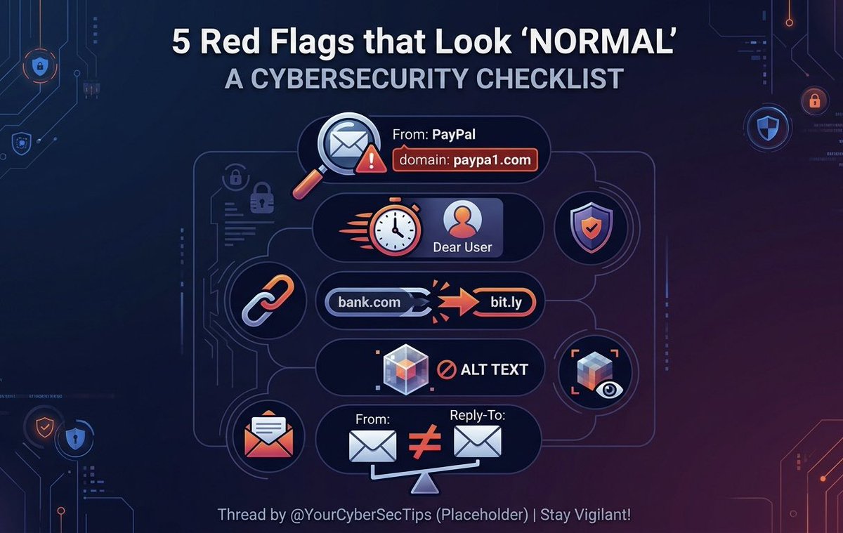 GuardScopeai's tweet photo. 5 "normal" signals that are actually major red flags. 🚩
Cybercriminals bank on you being busy. If you see these, stop and look closer. 🧵 https://t.co/4rrSkbjubv