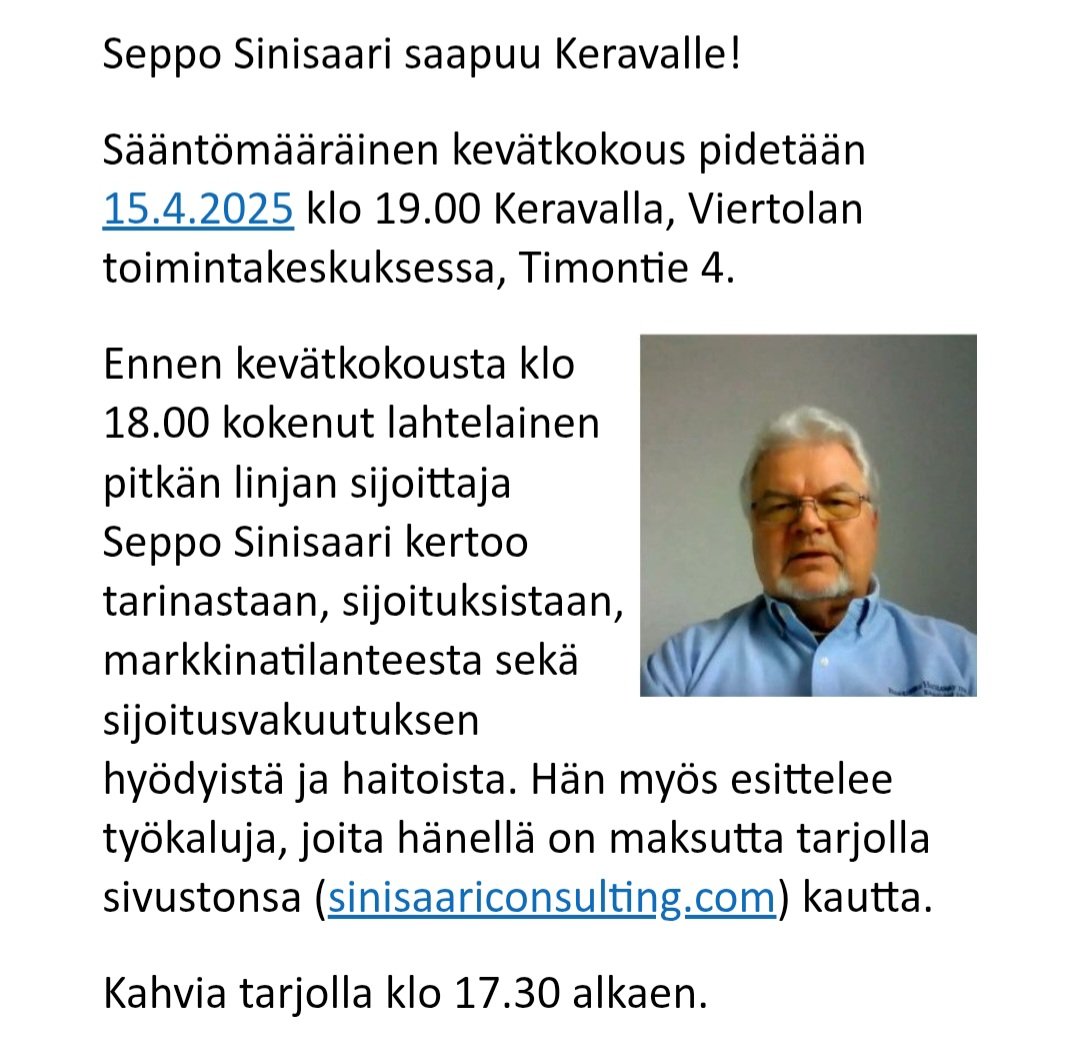 Suomen parhaimpiin sijoittajiin ja osakemarkkinaseuraajiin lukeutuva Seppo Sinisaari <a href="/sertzo/">Seppo Sinisaari</a> saapuu Keravalle ke 15.4. 📊

Ilmoittaudu tästä:
tapahtumat.osakeliitto.fi/event/Oo8qz
