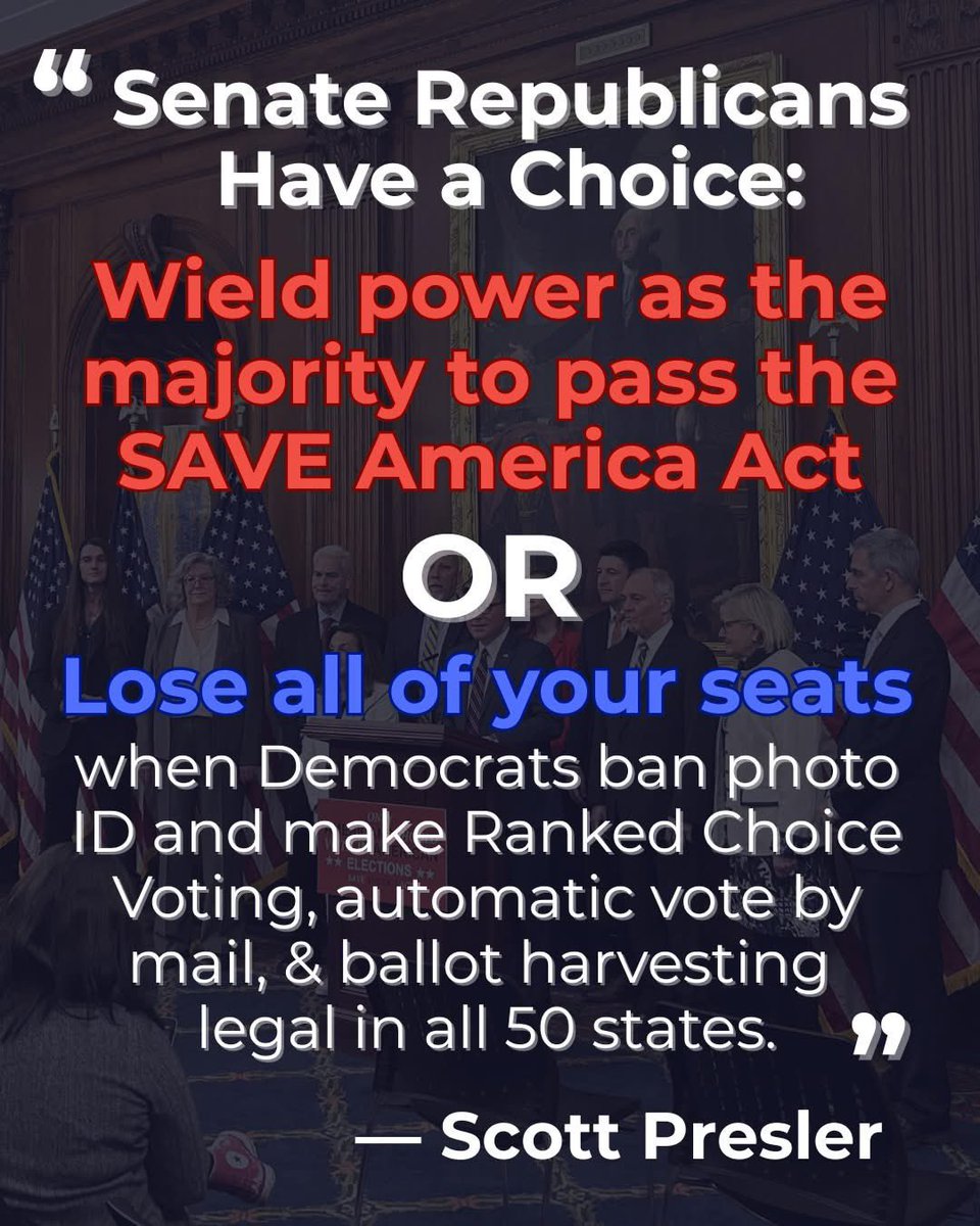 lw4839's tweet image. BLOCK the TRAITOR-PACKED SENATE UNTIL THEY PASS the SAVE AMERICA ACT
#talkingfilibuster

@GOP @SenateGOP @HouseGOP @SpeakerJohnson @LeaderJohnThune @lisamurkowski @SenMcConnell @SenJohnBarrasso @JohnBoozman @SenCapito @ChuckGrassley @SenSusanCollins @SenTomCotton @SenKevinCramer