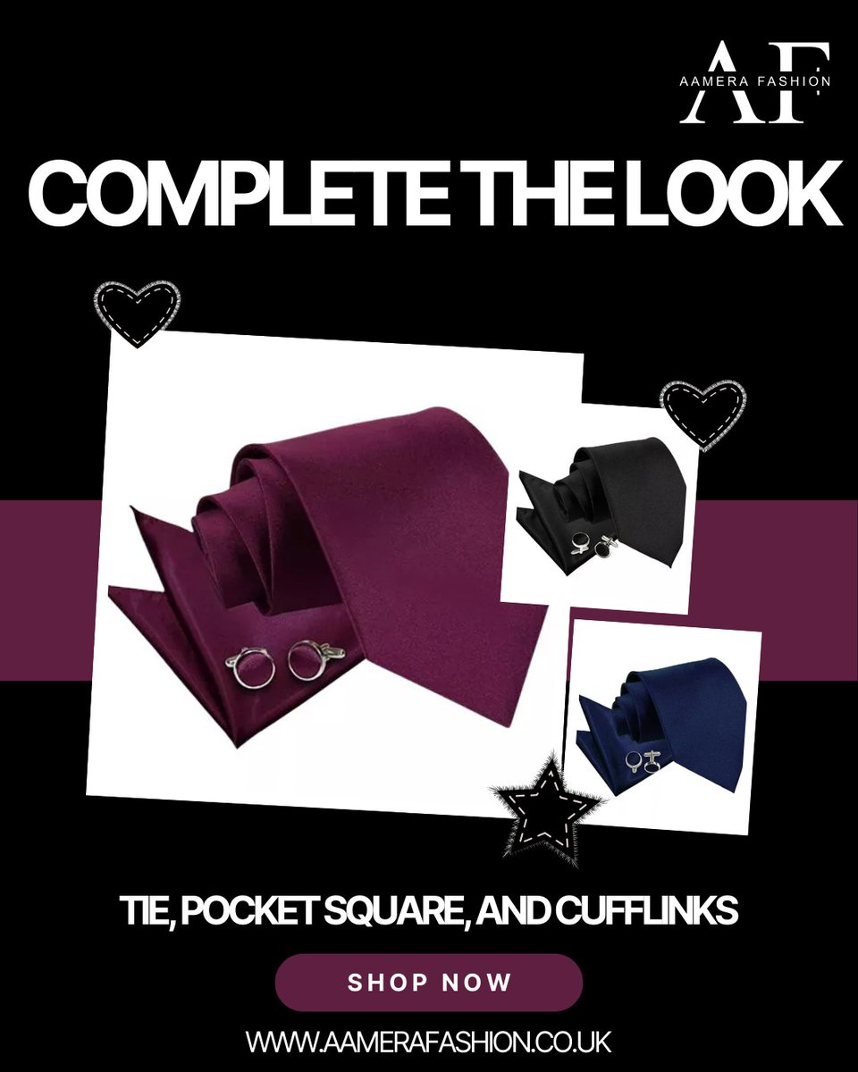 Aamerafashion's tweet image. The ultimate three-piece power play. ✨
Stop searching for the perfect match. Our Coordinated Sets bring together a premium necktie, matching pocket square, and sleek cufflinks in one effortless package. 
#CompleteTheLook #MensStyleBundles #TieSet #DapperStyle2026 #LondonFashion