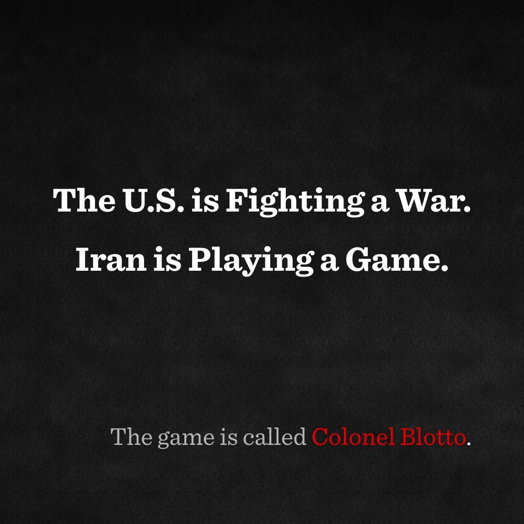 bdafhedge's tweet photo. Iran appears to be implementing the Colonel Blotto strategy:

Open multiple fronts
Force the U.S. to defend everywhere

The real battlefield may be energy markets. 

➡️ Full breakdown on the blog: https://t.co/Q7jFY7WVAU 

#Geopolitics #Macro #Oil #Investing https://t.co/w77hQcajCY