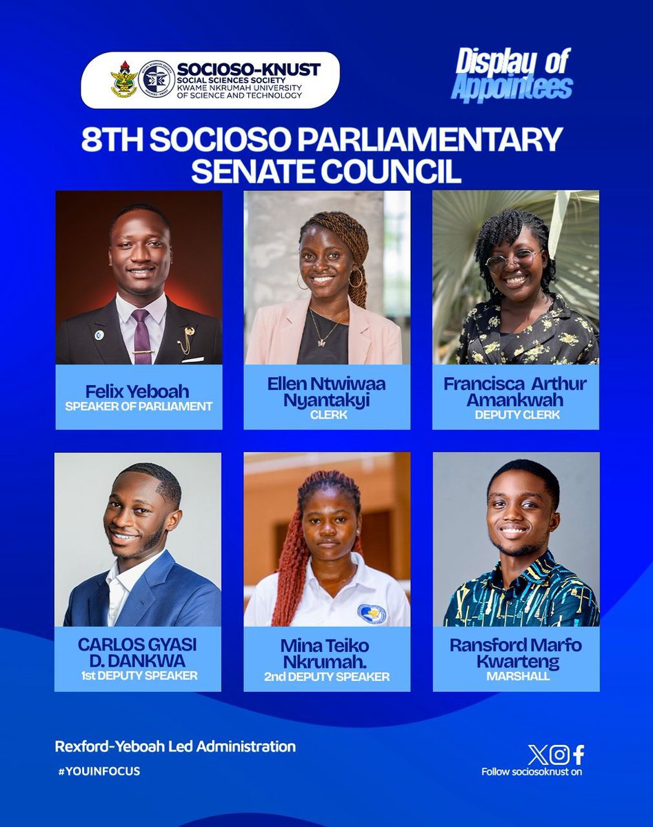 Socioso_Knust's tweet photo. Congratulations to our newly appointed 8TH SOCIOSO PARLIAMENTARY SENATE COUNCIL under the Rexford-Yeboah Led administration of the 2025/2026 academic year. Your expertise and dedication are vital to the success of our upcoming initiatives. Serve well!
#YOUINFOCUS https://t.co/QIdG3yFnQ7