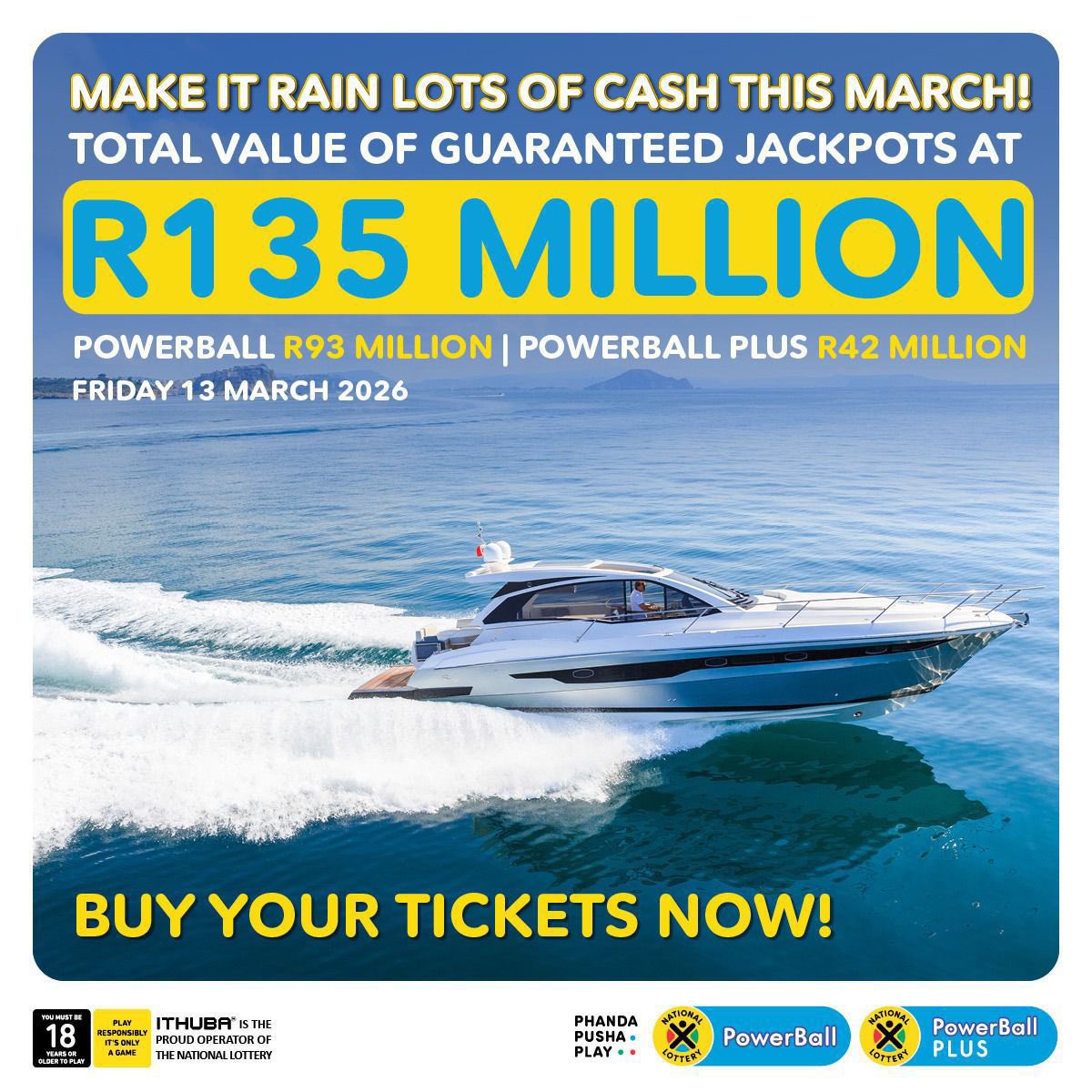 Money move 🤭💸 R135 MILLION in PowerBall &amp; PowerBall PLUS jackpots.
Tickets are up for grabs in-store, on your banking app, or on nationallottery.co.za. Your bank account will thank you.
#MakeItRainLotsOfCashThisMarch #GUARANTEEDR135Million #PowerBallSA #ad
