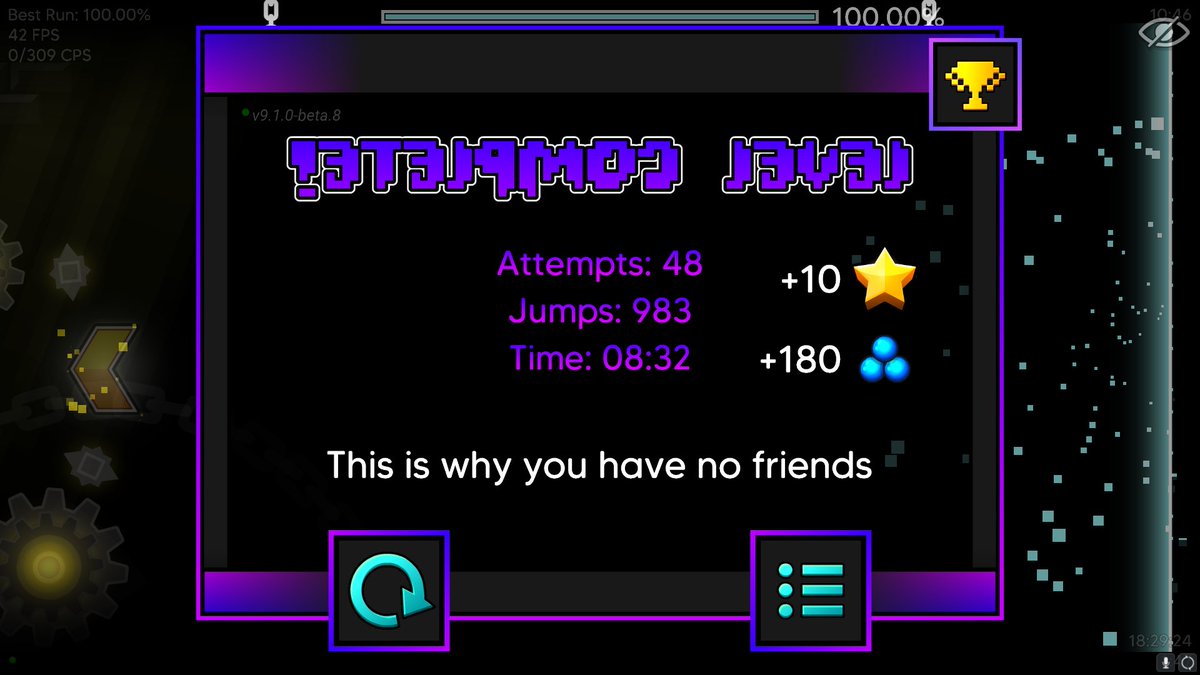 Tempered Steel 100% // 3207 Attempts // 1034 of those are old attempts from 2021 (holy drag) // Fluke from 80%.

By far the best level of the Metal Trilogy, boring predrop, but I still had tons of fun with this one!

Easier than Crystal/Budding Roses, harder than Black Blizzard.