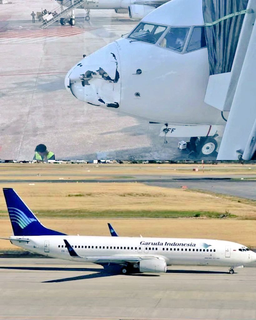 ivancp25's tweet image. #IncidenteAéreo de #Boeing737-800 de #GarudaIndonesia, vuelo #GA176 #Yakarta ➡️ #Pekanbaru, #Indonesia 🇮🇩. Aterrizó con daños en radomo. El daño fue detectado tras el aterrizaje normal en el Aeropuerto Sultan Syarif Kasim II. No se reportaron heridos entre pax ni crew. 07-03-26